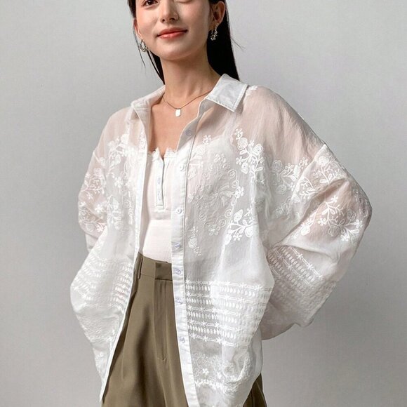 Beige Casual Women's Solid Asymmetric Sheer Lace Long Sleeve Blouse - Picture 7 of 9